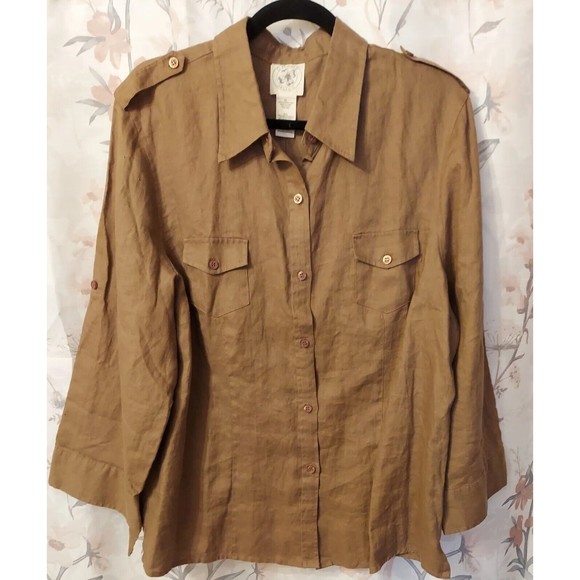 Chaus Tops Chaus 0 Organic Linen Long Roll Tab Sleeve Chest Pockets